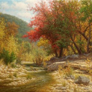 realistic landscape oil painting Texas hill country autumn red tree stream with waterfall by William Hagerman
