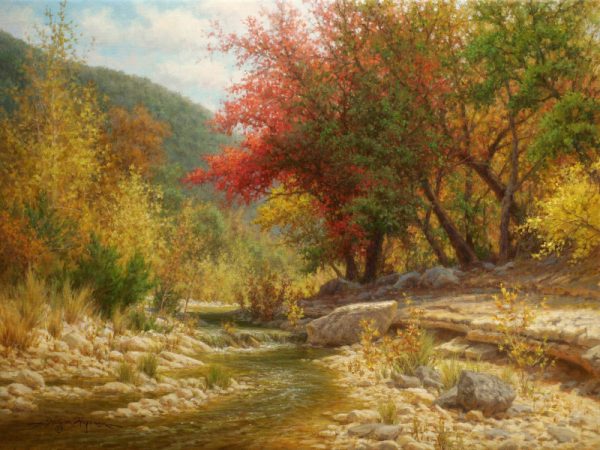realistic landscape oil painting Texas hill country autumn red tree stream with waterfall by William Hagerman