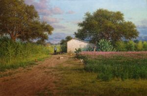 Unframed giclée print of Beauty of Life and Peace by William Hagerman, depicting a rural path with a walking figure, chickens, trees, and distant hills