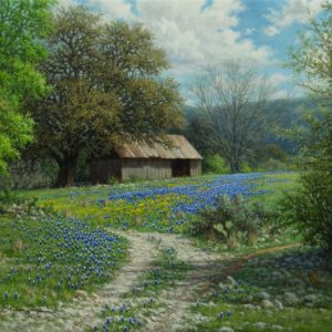 realistic Texas landscape oil painting bluebonnets old barn by William Hagerman