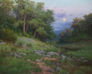 Spring Moon giclée by William Hagerman, a realistic landscape oil painting featuring bluebonnets, oak trees, a stream, and a soft moonrise.