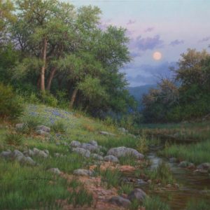 realistic landscape oil painting bluebonnets oak trees stream moonrise by William Hagerman