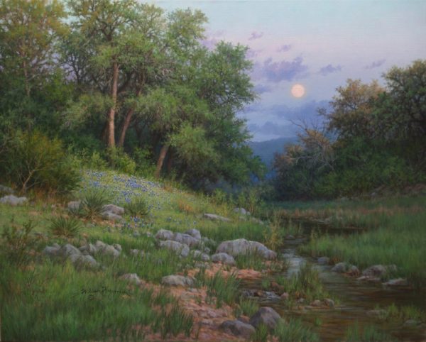 realistic landscape oil painting bluebonnets oak trees stream moonrise by William Hagerman