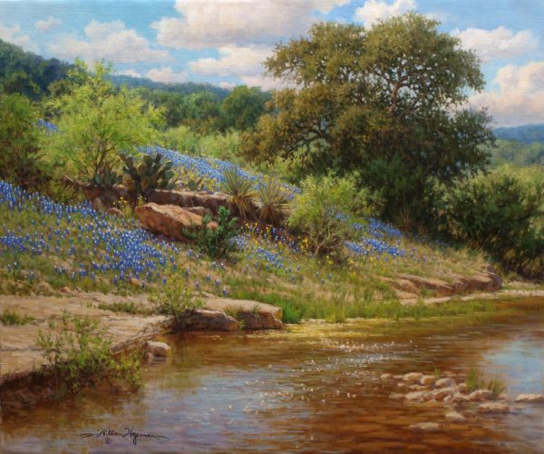 realistic landscape oil painting bluebonnets oak tree stream by William Hagerman