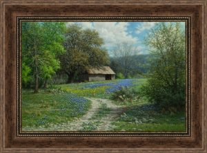 bluebonnet giclee print with old barn and road by artist William Hagerman