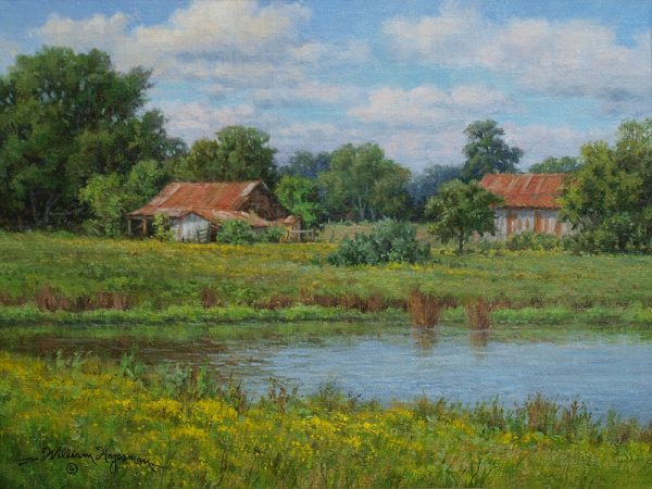 realistic landscape oil painting of barns by artist William Hagerman