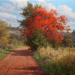 realistic landscape autumn oil painting red tree dirt road William Hagerman artist