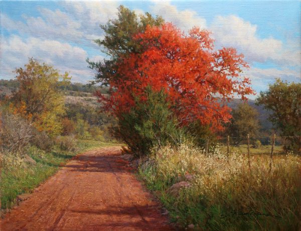 realistic landscape autumn oil painting red tree dirt road William Hagerman artist