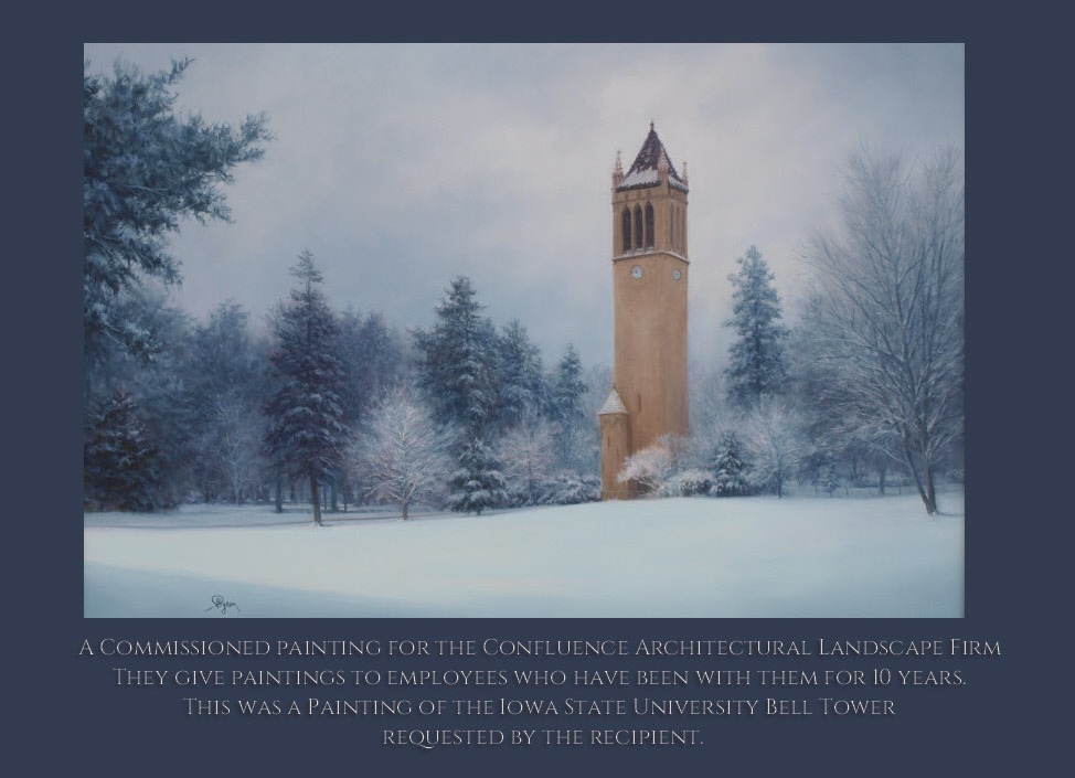 Commissioned oil painting Iowa State University Bell Tower in snow by William Hagerman