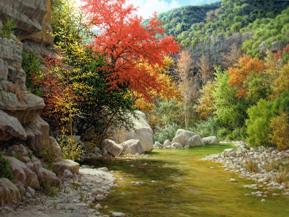 Commissioned oil painting of an autumn Texas Hill Country scene by William Hagerman