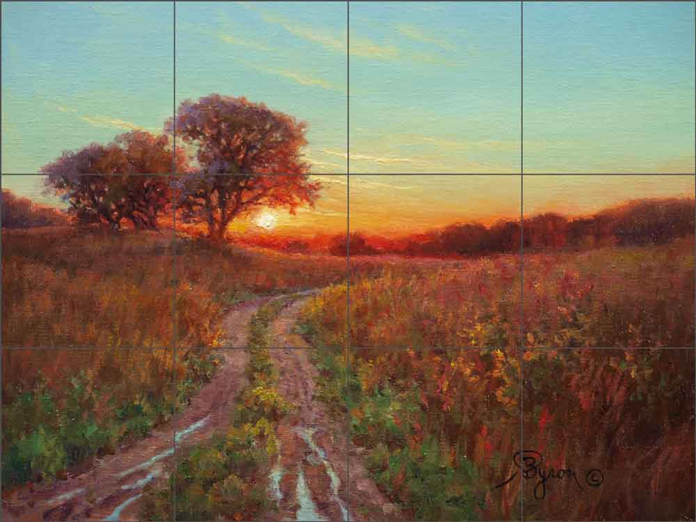 Landscape painting titled “Silent Crescendo,” depicting a Texas Hill Country sunset with wildflowers and puddled path, created by artist William Hagerman and featured as decorative tile art