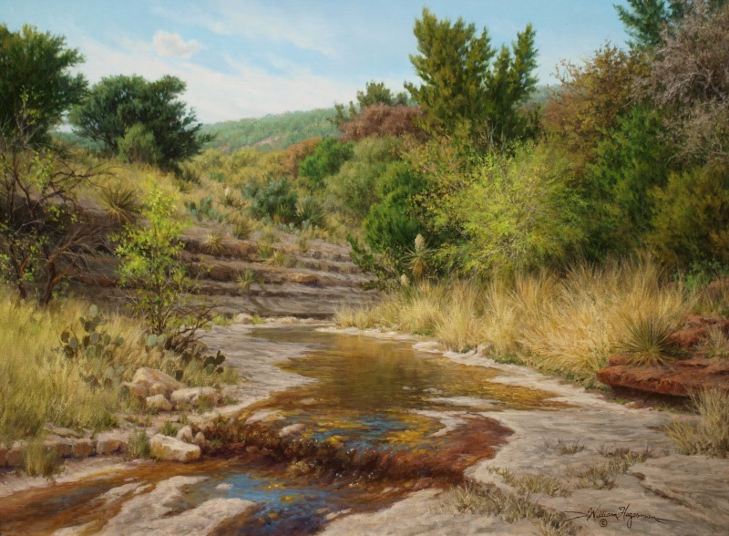 Realistic landscape painting titled “Still Flowing,” depicting a creek along the Texas Hill Country backroads near Mason, Texas, created by artist William Hagerman