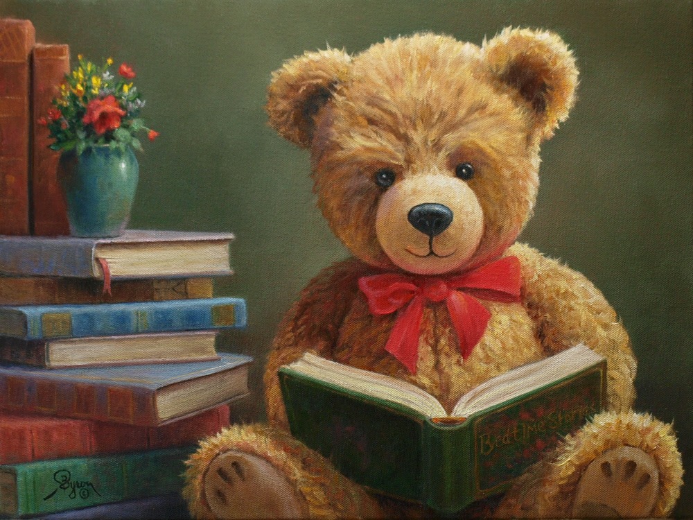 Whimsical painting titled “Story Time” by William Hagerman, featuring a teddy bear reading a book beside a stack of books and a vase of flowers. Part of the Byron Signature collection.
