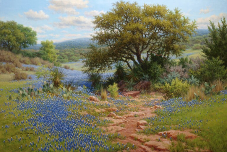 An oil painting of a curving Texas path surrounded by bluebonnets, cactus, and yucca beneath a large oak tree and distant green hills