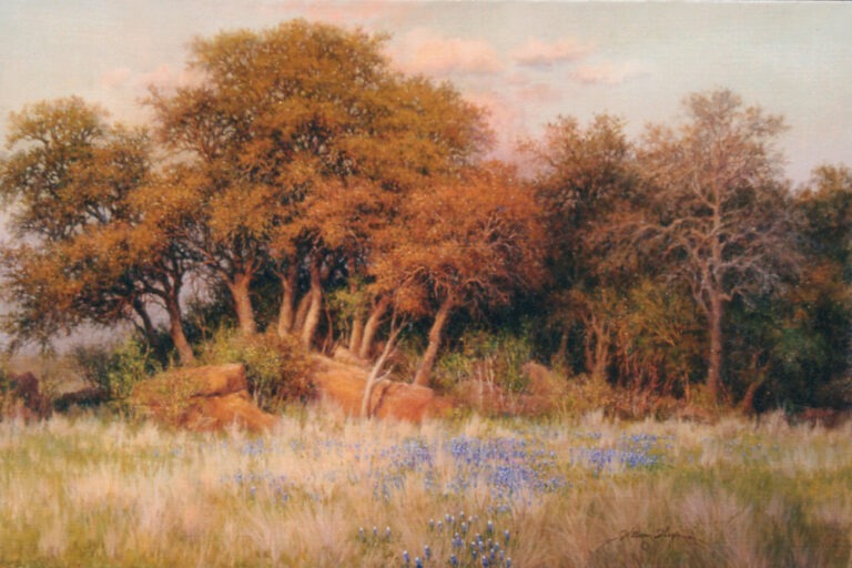 An oil painting of a cluster of large oak trees rising above bluebonnets, tall grasses, and rocky terrain beneath a softly glowing evening Texas sky.