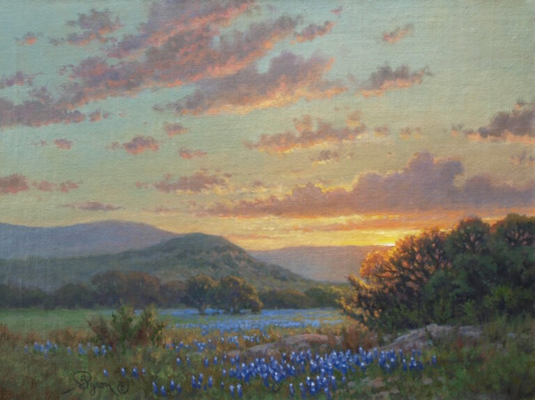 An oil painting of bluebonnets and wildflowers stretching across rolling hills beneath a luminous sunset sky, with distant mountains glowing in soft warm light
