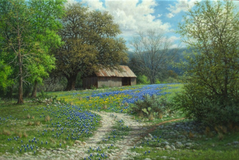An oil painting of a rustic Texas barn surrounded by bluebonnets, large trees, and a winding path beneath a bright spring sky