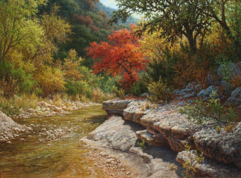A realistic oil painting of a rocky Texas Hill Country creek framed by autumn foliage, featuring a vivid burst of red leaves among warm seasonal colors.