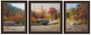 Framed Texas autumn landscape triptych giclée by William Hagerman, featuring a panoramic Hill Country creek and glowing fall foliage.