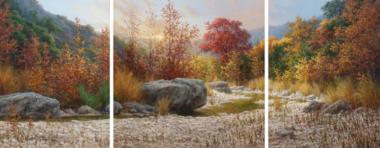 “Autumn landscape triptych giclée print by William Hagerman, featuring a rocky creek bed and vibrant fall foliage across three continuous panels
