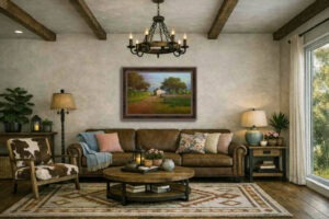 Rustic living room with warm and cool décor, showcasing a framed landscape painting of a rural path, a walking figure, chickens, tall trees, and distant hills under a soft sky