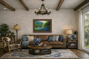 Blue Staccato landscape oil painting by Hagerman shown as a framed giclée in a western living room mockup.