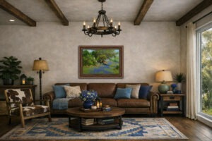 Bluebonnet landscape oil painting wall art shown in a western Texas living room mockup, a giclée print by artist William Hagerman.