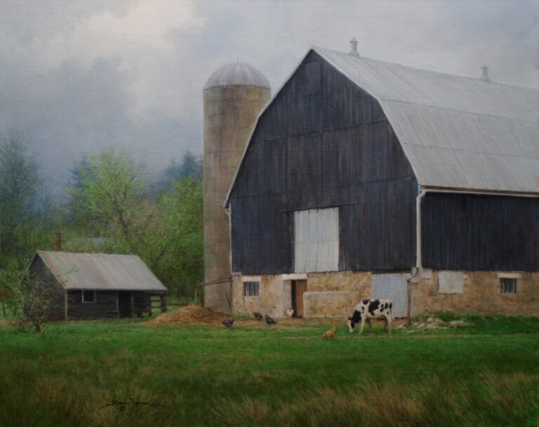 A realistic oil painting of a rustic barn with a silo, a grazing cow, and chickens in a quiet farmyard
