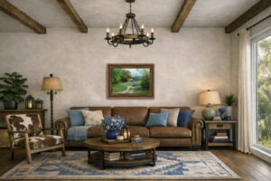 A rustic living room with leather furniture, wood accents, and blue-and-beige décor, featuring a framed landscape painting by William Hagerman of a Texas barn and bluebonnets hanging above the sofa.