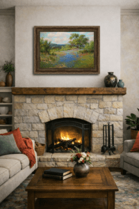 Cozy Texas living room with a stone fireplace and a framed landscape oil painting titled Interwoven Harmonies by William Hagerman above the mantel. The painting shows a field of bluebonnets and red Indian paintbrush flowers beneath a large oak tree under a partly cloudy sky. The room features warm neutral tones, a rustic wooden mantel with Raku and blue vases, soft beige and gray seating with red and green pillows, and a small vase of flowers on the coffee table, creating a harmonious, inviting atmosphere.