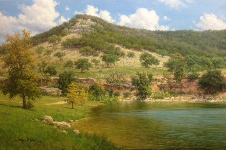 A realistic oil painting of a calm Hill Country lake with hillside reflections and soft green vegetation