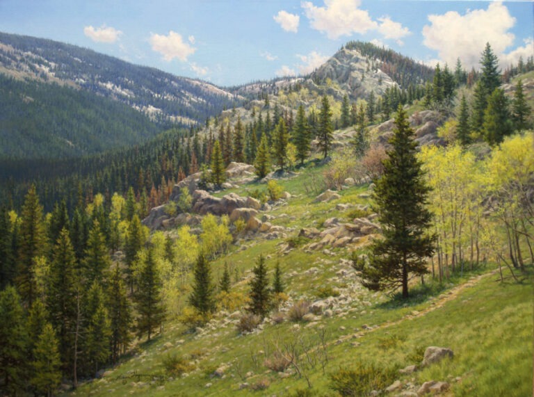 A realistic oil painting of rugged mountain rocks and evergreens scattered across a steep, sunlit slope