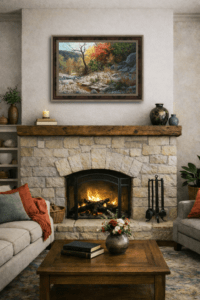 Radiance of Autumn oil painting by William Hagerman displayed above a rustic stone fireplace in a warm, cozy room mockup.