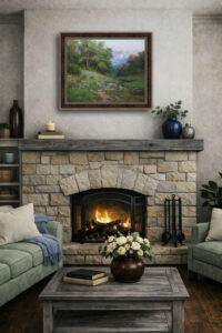 Spring Moon landscape giclée by William Hagerman displayed as a room mockup above a rustic stone fireplace, shown with a sage green sofa, cream pillow, blue throw, and a warm, cozy living room setting.