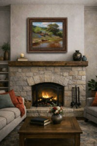 a warm inviting living room with a fireplace and a bluebonnet and stream oil painting by William Hagerman titled Spring Perfection.