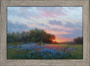 Bluebonnets and Indian paintbrush in warm sunset light across a quiet meadow – original bluebonnet oil painting by William Hagerman – “Last Light on the Meadow.