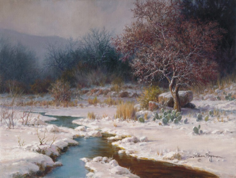 A realistic oil painting of a winter stream winding through snow-covered ground with cactus and a bare tree.