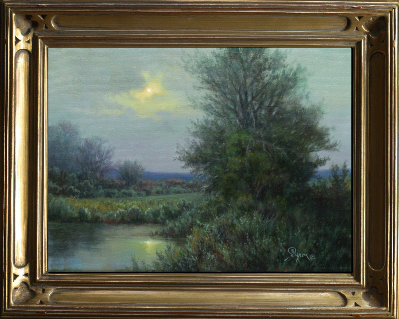Realistic Texas night landscape oil painting by William Hagerman with a moonlit sky, water reflections, and silhouetted trees