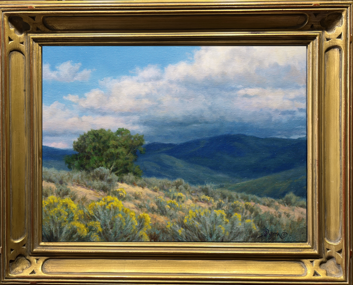 Oil painting of Chamisa and sagebrush in the Santa Fe hills under warm Southwest light by William Byron Hagerman