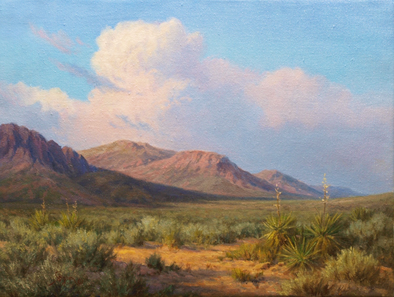 “Desert landscape oil painting with evening sunset, thunderhead clouds, and yucca by William Byron Hagerman