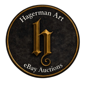 Circular Hagerman Art eBay Auctions badge with gold gothic ‘h’ logo on a dark textured background