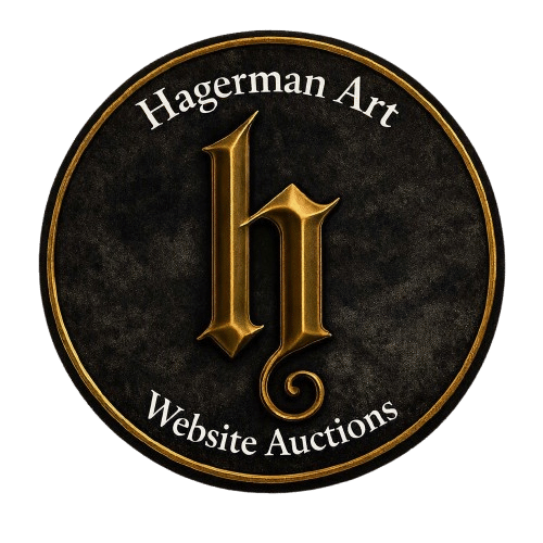 Circular Hagerman Art Website Auctions badge with gold gothic ‘h’ logo on a dark textured background