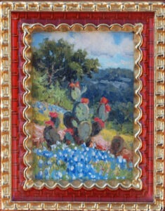 “Miniature Texas Hill Country oil painting featuring blooming bluebonnets, cactus with red blossoms, oak trees, and distant rolling hills under a soft spring sky, painted by William Hagerman.”