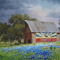 Texas bluebonnet oil painting with old barn by William "Byron" Hagerman artist