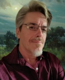 Portrait of William Hagerman, Texas landscape painter, with moonlit oil painting background