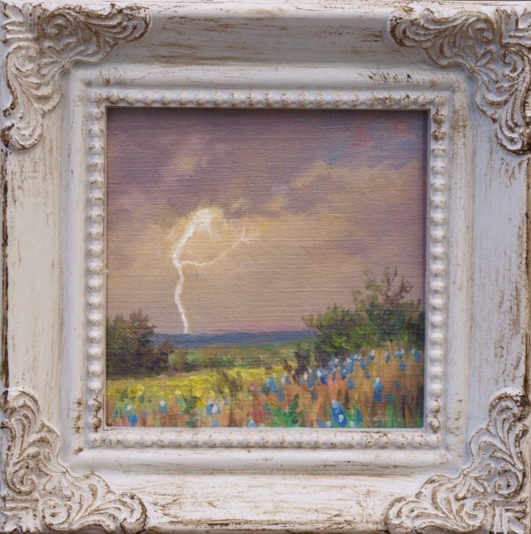 A 3x3 miniature oil painting of a dramatic spring thunderstorm with dark clouds, a lightning strike over distant hills, and bluebonnets, yellow wildflowers, and rust‑colored grasses in the foreground