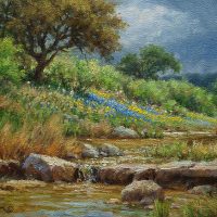 impressionist landscape oil painting bluebonnets and stream by Byron