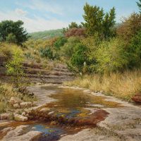 realistic Texas landscape oil painting with stream by William Hagerman
